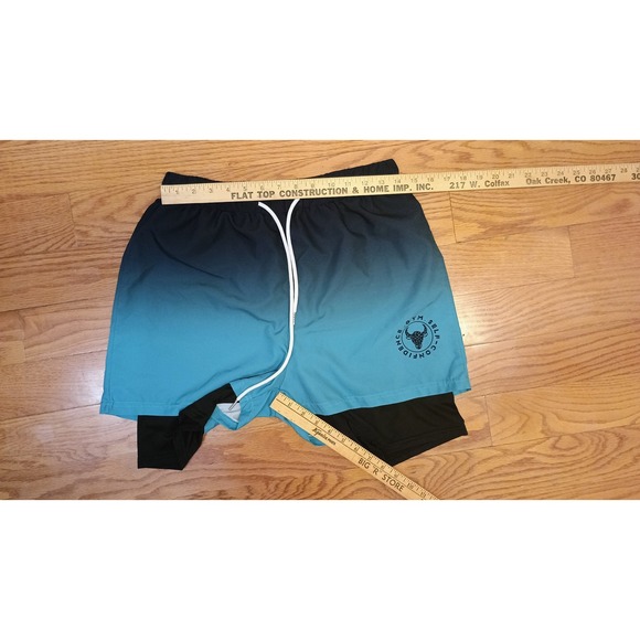 Mens Athletic Shorts Gradient Blue Black Ombre Built In Liner Gym Workout M - Picture 3 of 4